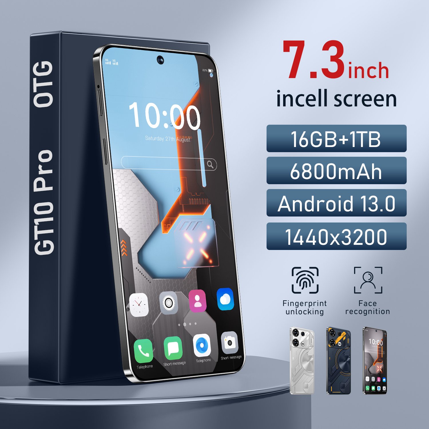 Brand new Cellphone GT10 pro 7.3 inch Hd full screen 16GB+1TB Mobilephone Android14 Face Unlock 3G 4G smartphone